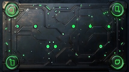 Dark Metallic Panel Futuristic Technology Green Neon Glowing Lines Sci Fi Interface Digital Background Abstract Design Modern Texture Industrial Style