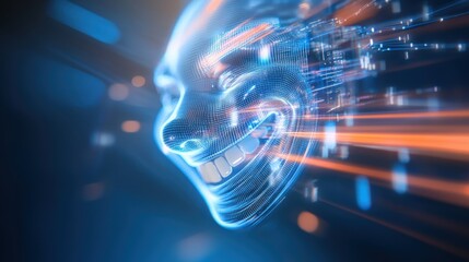 Digital transformation smiling ai face virtual space graphic art futuristic environment close-up technology concept