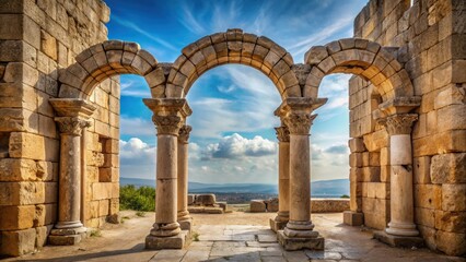 Obraz premium A majestic stone archway framing a beautiful view of nature with two identical columns on each side