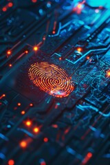 Cybersecurity: Biometric Authentication on a Complex Circuit Board with Data Streams and Red Nodes representing vulnerability on a Security Network