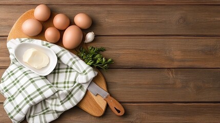 Eggs, butter & parsley on wood table, rustic setting. Cooking ingredients, healthy food