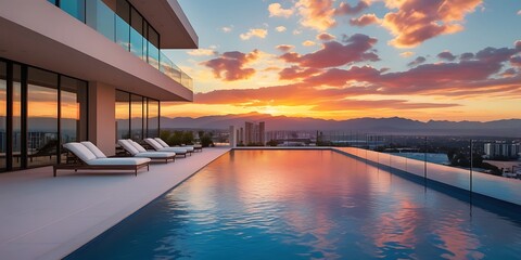 Fototapeta premium Modern luxury apartment with sleek infinity pool overlooking a panoramic cityscape at sunset, blending contemporary architecture with relaxation, elegance, and scenic urban living.