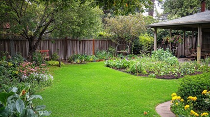 Fototapeta premium Beautiful backyard garden with a vegetable garden, blooming flowers, and a wooden fence creating a peaceful retreat