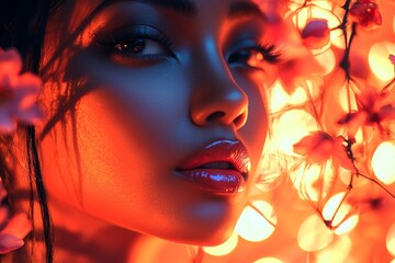 Fototapeta premium Stunning brazilian young woman surrounded by cherry blossoms. Commercial creative. Spring mood, dark night and warm mystic light - complementary lighting.