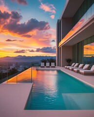 Modern luxury apartment with sleek infinity pool overlooking a panoramic cityscape at sunset, blending contemporary architecture with relaxation, elegance, and scenic urban living.

