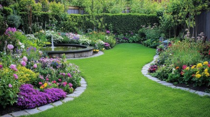 Calm backyard garden with a fountain in the center, trimmed hedges, and neatly arranged flower beds along the perimeter