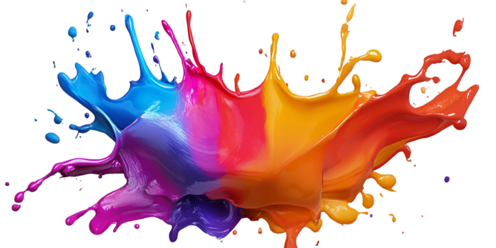 Colorful paint splash isolated on a PNG transparent background. Vibrant, dynamic paint splatter with various colors, ideal for design projects and digital art.
