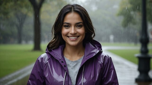 Good-looking hispanic woman in purple raincoat on a rainy park background smiling for ad concept space for text