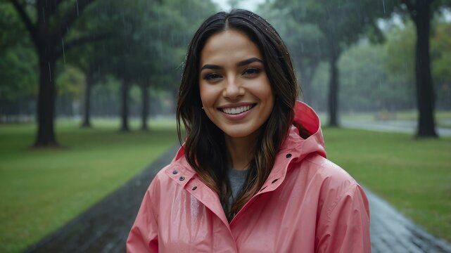 Good-looking hispanic woman in pink raincoat on a rainy park background smiling for ad concept space for text