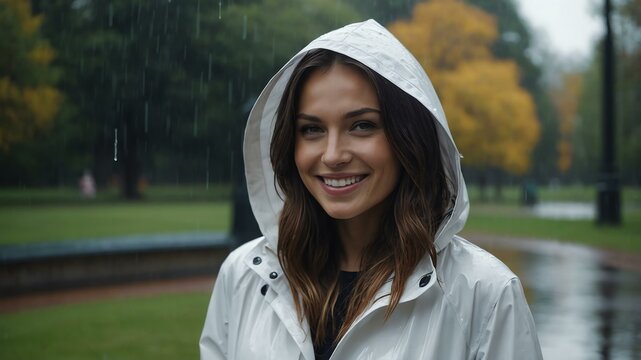 Good-looking caucasian woman in white raincoat on a rainy park background smiling for ad concept space for text