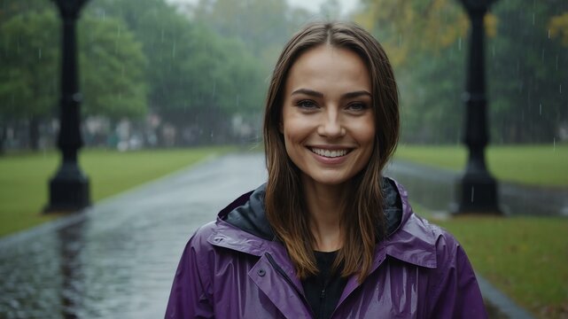 Good-looking caucasian woman in purple raincoat on a rainy park background smiling for ad concept space for text