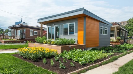 Compact modern tiny home with a rooftop garden, showcasing sustainable living