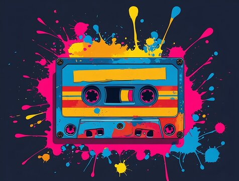 Retro blue cassette tape with pink and yellow accents set against a dynamic background of colorful paint splashes, capturing a nostalgic pop-art vibe perfect for music, art, and vintage themes.

