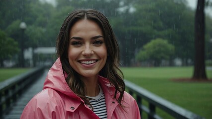Fototapeta premium Good-looking american woman in pink raincoat on a rainy park background smiling for ad concept space for text