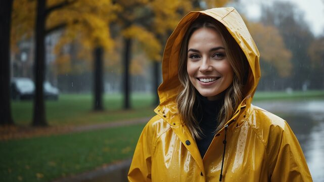 Good-looking american woman in gold raincoat on a rainy park background smiling for ad concept space for text