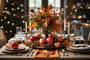 Chic Thanksgiving Table Decor with Apples Autumn Leaves and Sparkling Lights