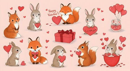 Cute Woodland Animals Celebrating Valentine's Day with Hearts and Gifts