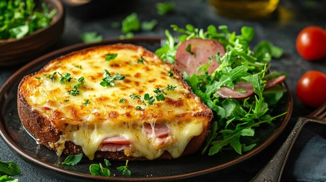 Delicious croque monsieur sandwich with melted cheese, ham, and herbs served with a side salad.