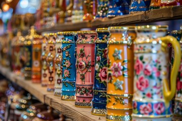 A close-up view of a colorful display of ornate beer steins, arranged on a wooden shelf, likely at a German market, An intricate display