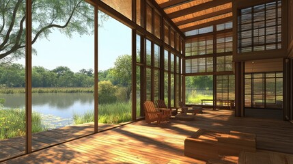 Obraz premium Contemporary wooden lakeside retreat with an open floor plan and large picture windows