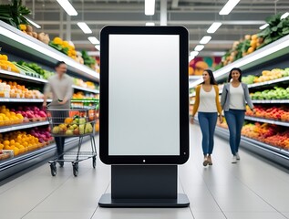 Blank vertical digital advertising screen in the center of a brightly lit supermarket produce aisle, with blurred shoppers in the background, ideal for retail, marketing, and commercial design use.

