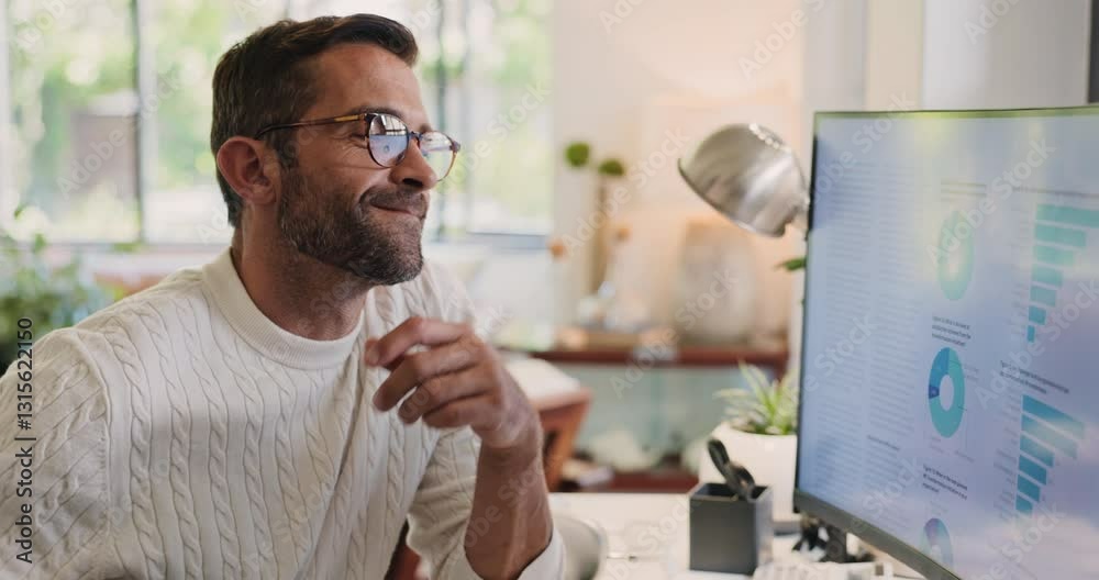 Aufkleber computer screen, data and thinking with man in home office for remote work as stock market investor.