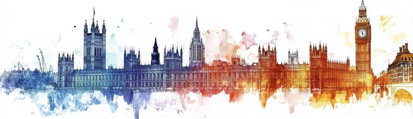 Fototapeta premium Vibrant watercolor skyline of London showcasing iconic landmarks in a colorful artistic style, perfect for modern decor. 
