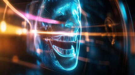 Futuristic digital human face virtual reality world 3d art neon environment close-up perspective technology and innovation