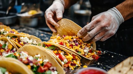 Expert culinary artist assembling scrumptious tacos with fresh, colorful ingredients