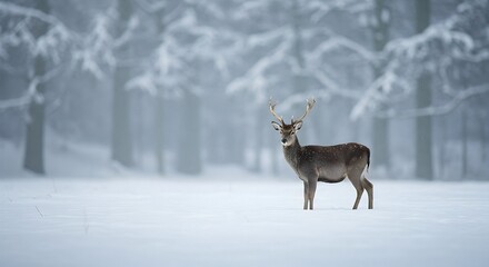 Deer Standing Calmly in a Snow Covered Winter Forest Scene