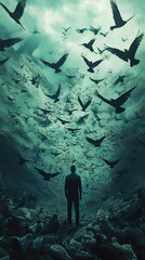 Fototapeta premium Surrounded by Birds: A Dark and Brooding Atmosphere