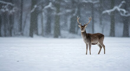 Deer Standing Calmly in Snowy Winter Forest During Snowfall