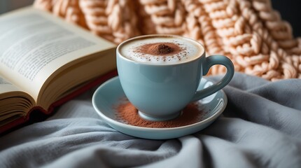 Cozy scene with a cup of frothy cappuccino on a saucer beside an open book and a chunky knit blanket, evoking warmth, relaxation, and comfort—perfect for lifestyle or seasonal themes.

