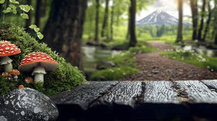 Obraz premium Mushrooms and moss adorn a wooden table in a forest scene