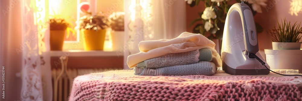 Poster cozy home setting with an iron and freshly ironed clothes on an ironing board in a warm and inviting