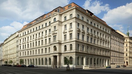 Obraz premium Elegant, historic corner building on a city street with cars parked.