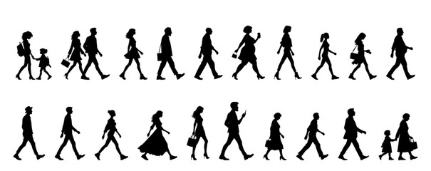 Fototapeta premium vector illustration. silhouettes of people walking along the street. Large set of characters of different ages