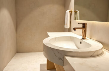 Fototapeta premium An elegant bathroom with a marble sink and stylish finish. Large plan of the sink with reflections of light, Beige Tones, copy space