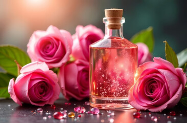modern stylish perfume bottle with a note of rose, floral fragrance, mock up