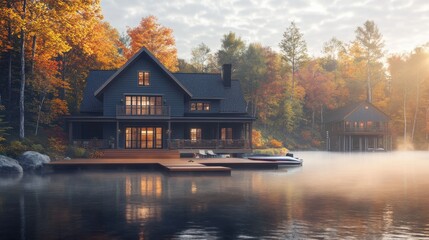 Fototapeta premium Elegant two-story lake house with a wooden dock, boathouse, and a peaceful sunrise view