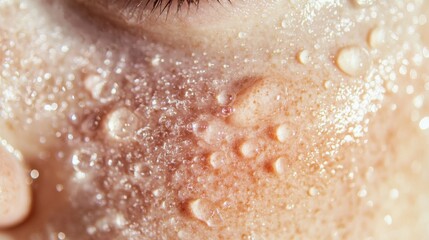 Fototapeta premium extreme macro photography of natural freckles scattered across dewy skin, soft morning light highlighting skin texture, droplets of moisturizer being absorbed, visible pores, translucent cream