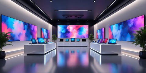 Futuristic tech store interior with sleek modern design, colorful digital displays, and high-end computers showcased on illuminated counters, ideal for technology, innovation, and retail themes.

