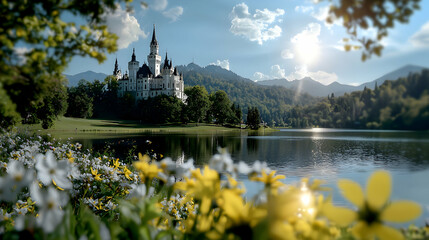 A majestic castle is located beside a serene lake and mountains