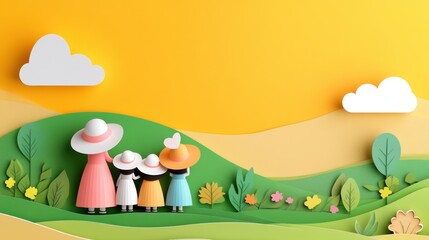 Fototapeta premium Family admiring the nature scene with sun, meadow and trees. Mom and girls spend time outdoor
