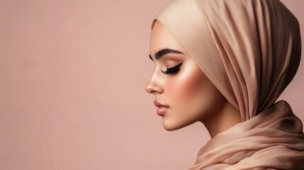 Naklejka premium elegant side profile of Arab woman in champagne colored headscarf, delicate makeup emphasizing long lashes, peaceful meditation pose, dusty rose background, fabric catching studio lights, high