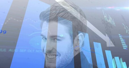Overlaying blue financial graphs, smiling man in animation with data visualization - Powered by Adobe
