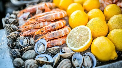 Fresh seafood display with shrimp, clams, and lemons on ice.