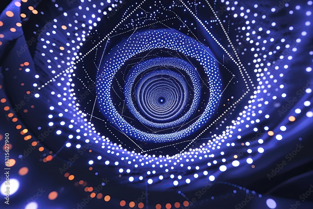 Wall mural enigmatic indigo spiral space background with linked dots and lines for modern design and digital ar
