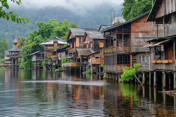 Obraz premium A picturesque view of traditional wooden houses built on stilts along a river in a misty Southeast Asian village, Riverside villages with wooden houses built on stilts overlooking the water