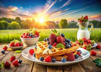 Summer Waffle Landscape: Colorful Fruit & Creamy Dip Delight - Stunning Nature Photography